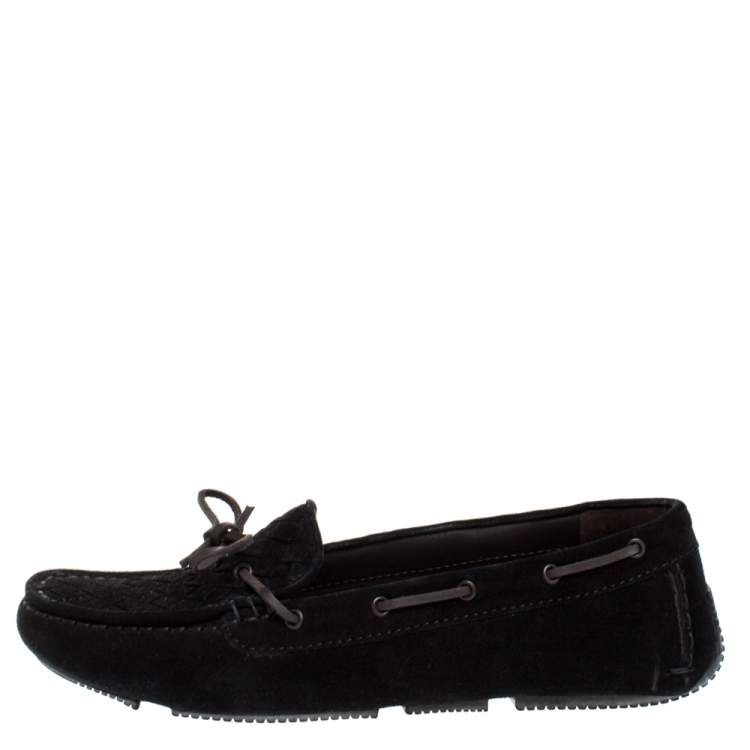 Pre Owned Bottega Veneta Black Intrecciato Suede Bow Slip On Loafers Size 39