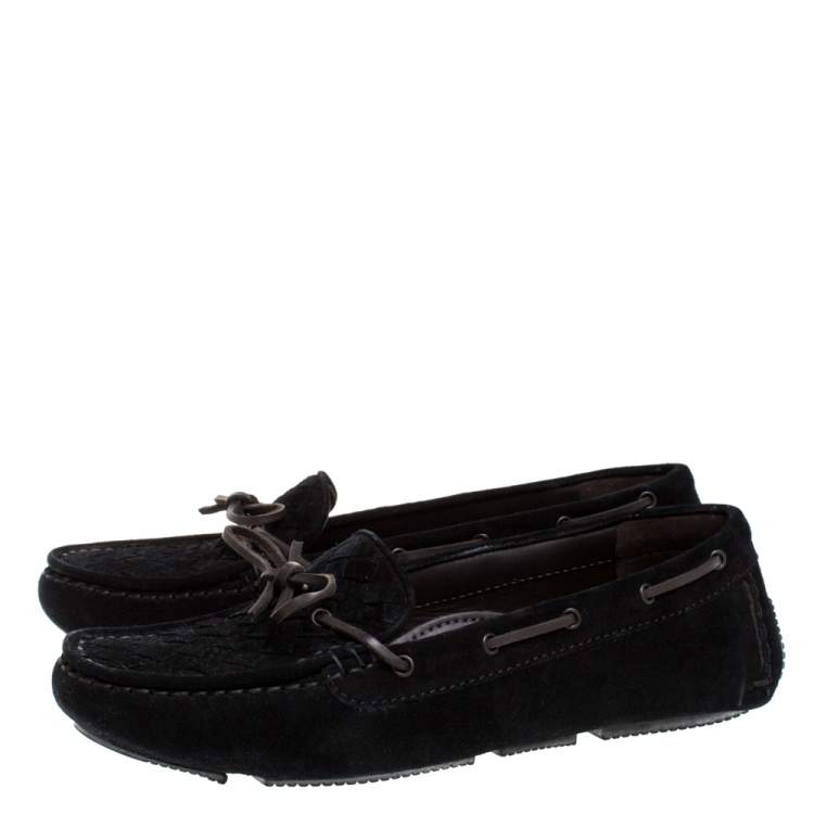 Pre Owned Bottega Veneta Black Intrecciato Suede Bow Slip On Loafers Size 39