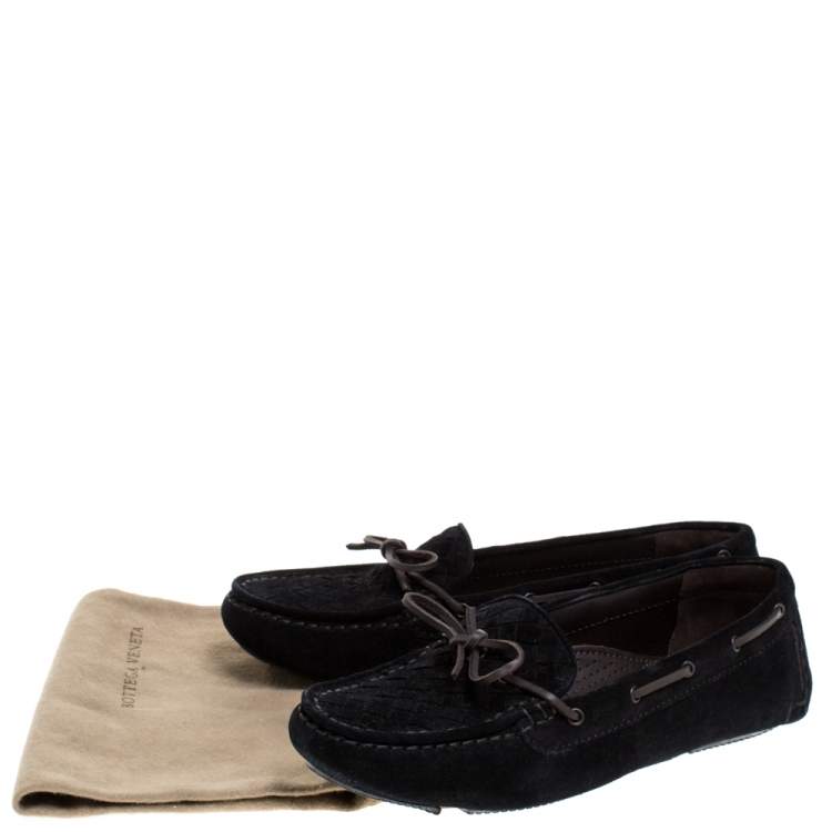 Pre Owned Bottega Veneta Black Intrecciato Suede Bow Slip On Loafers Size 39