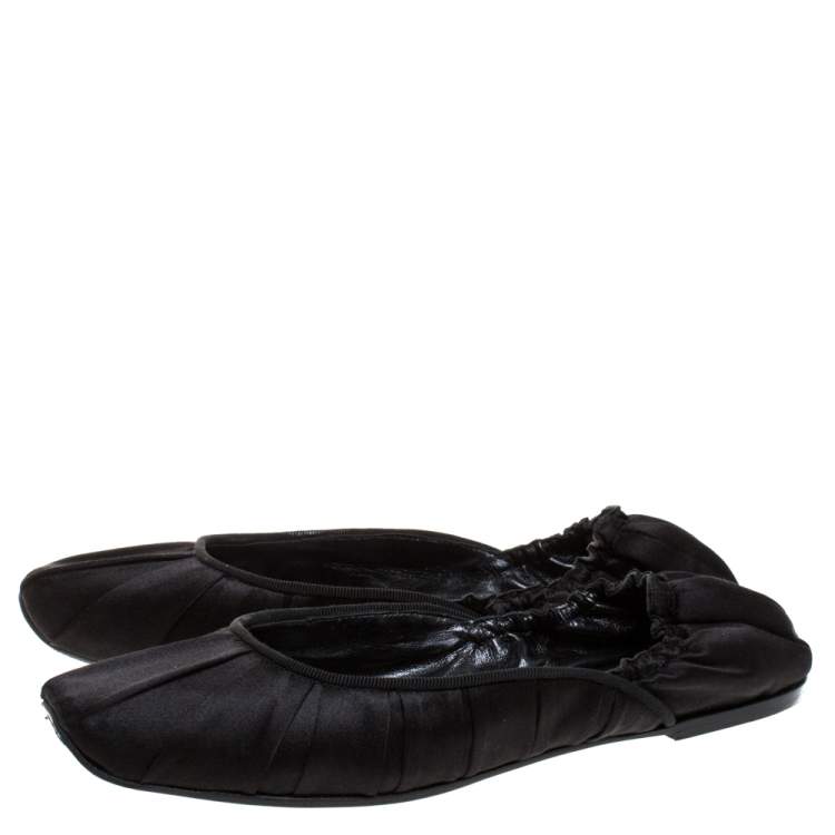 Pre Owned Bottega Veneta Black Pleated Satin Scrunch Ballet Flats Size 39.5
