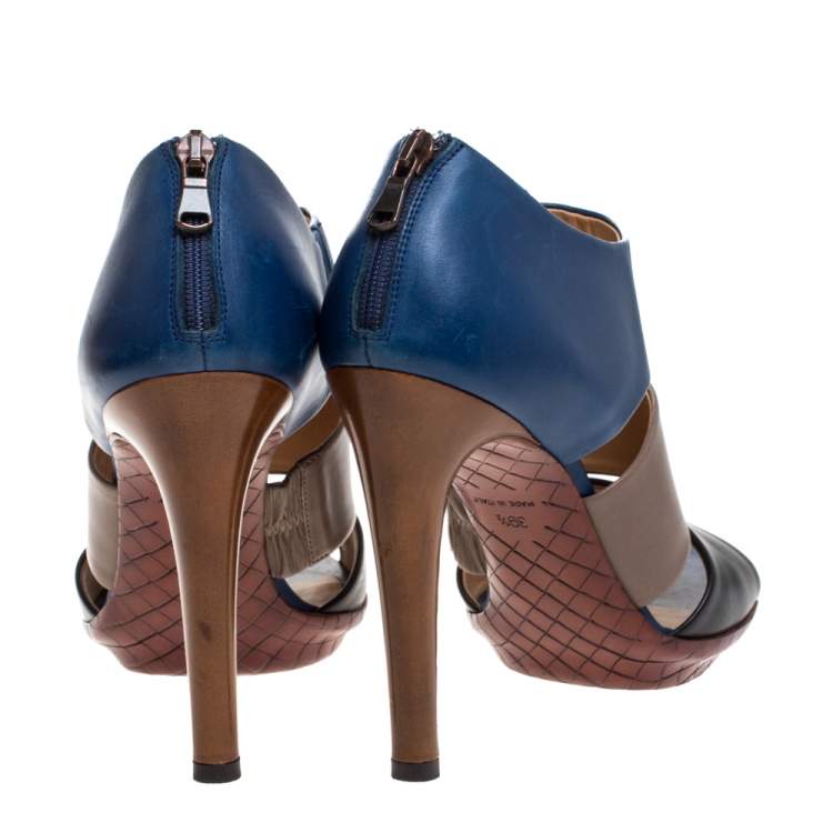 Pre Owned Bottega Veneta Tricolor Leather Open Toe Cut Out Booties Size 39.5
