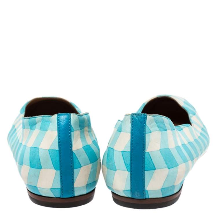 Pre Owned Bottega Veneta Blue/White Printed Leather Ballet Flats Size 41