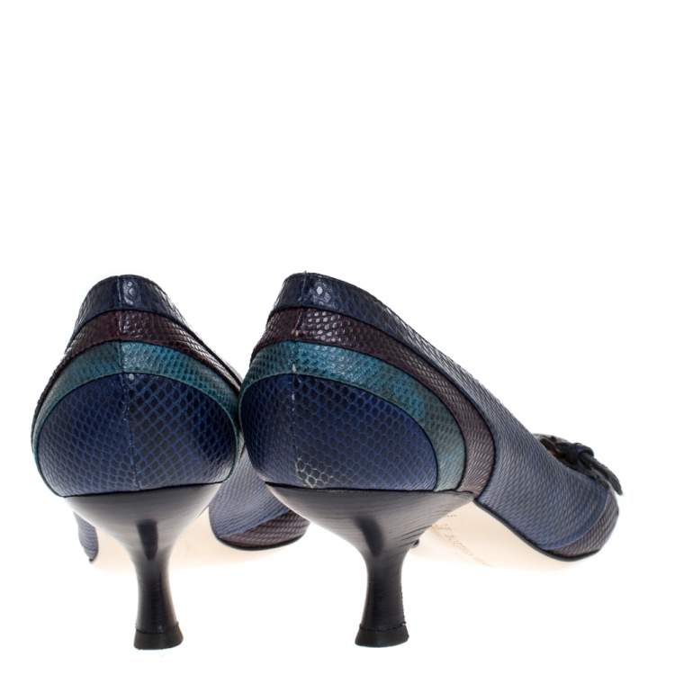 Pre Owned Bottega Veneta Blue Lizard Kitten Heel Pumps Size 39