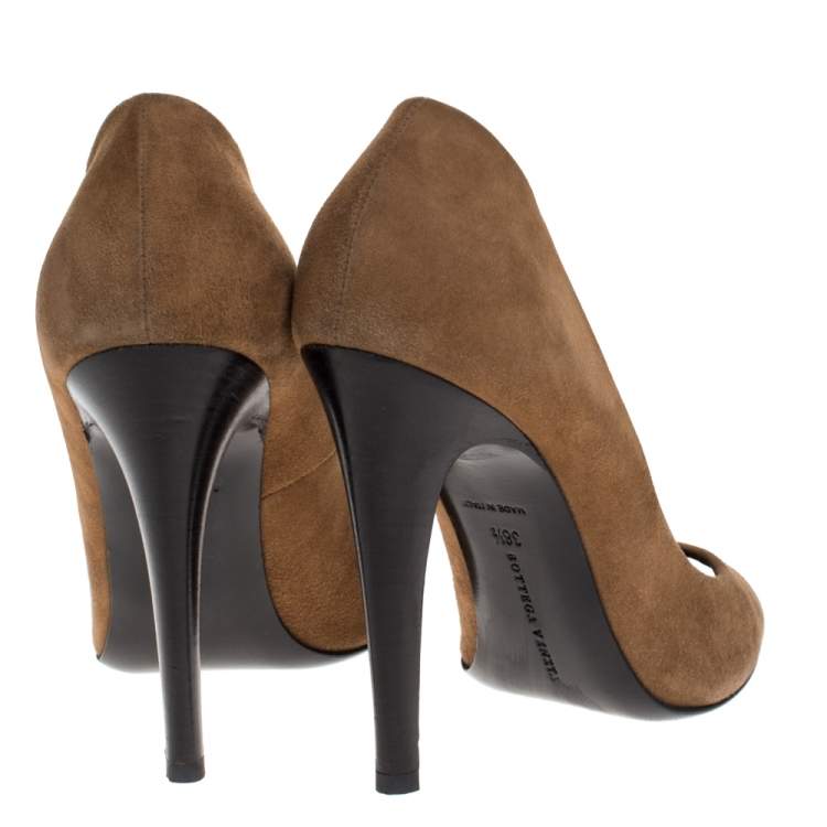 Pre Owned Bottega Veneta Brown Suede Peep Toe Pumps Size 38.5