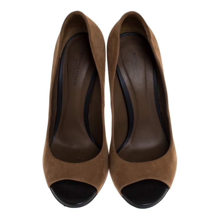 Pre Owned Bottega Veneta Brown Suede Peep Toe Pumps Size 38.5