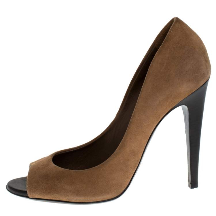 Pre Owned Bottega Veneta Brown Suede Peep Toe Pumps Size 38.5