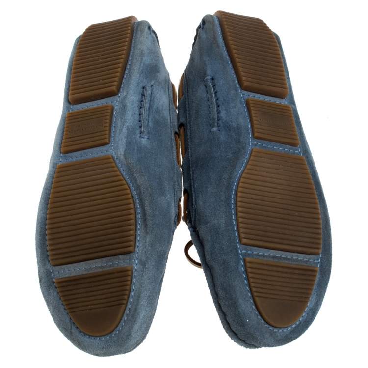 Pre Owned Bottega Veneta Ash Blue/Brown Intrecciato Suede Bow Loafers Size 38