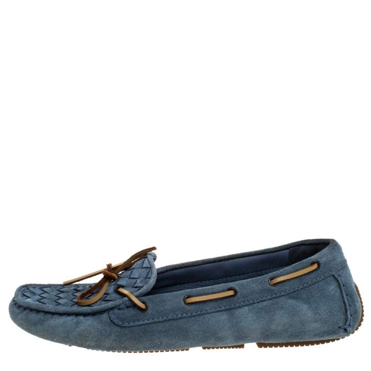 Pre Owned Bottega Veneta Ash Blue/Brown Intrecciato Suede Bow Loafers Size 38