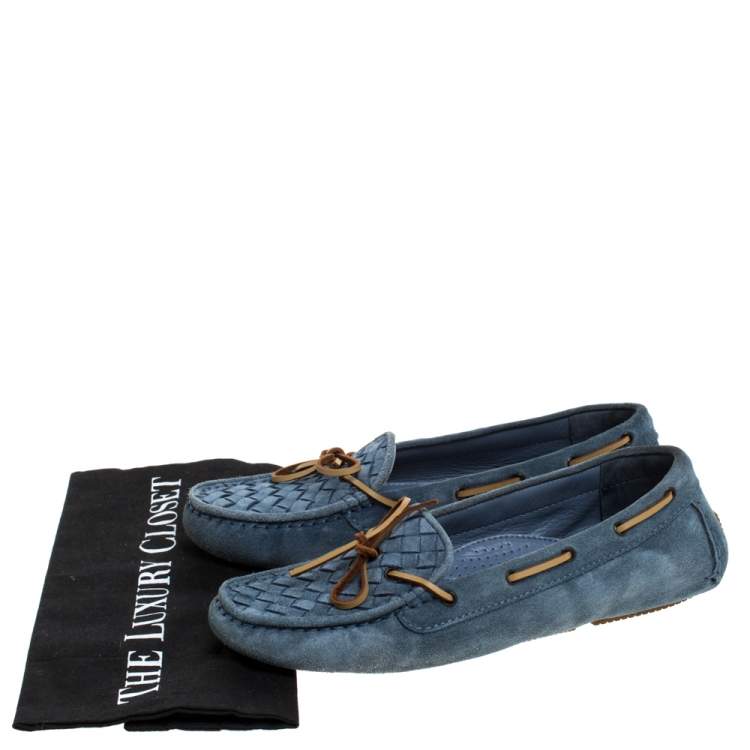 Pre Owned Bottega Veneta Ash Blue/Brown Intrecciato Suede Bow Loafers Size 38
