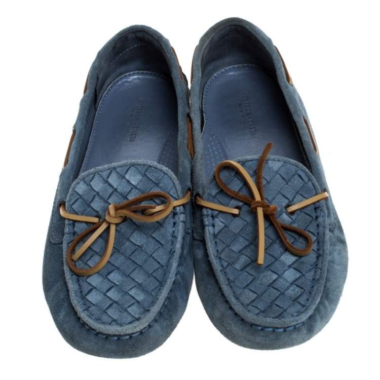 Pre Owned Bottega Veneta Ash Blue/Brown Intrecciato Suede Bow Loafers Size 38
