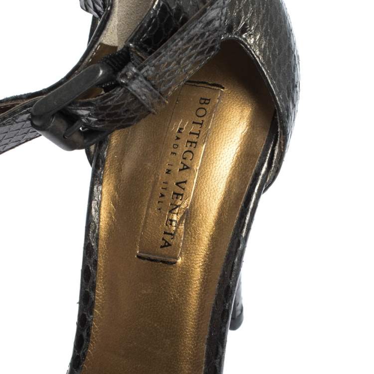 Pre Owned Bottega Veneta Grey Python Embossed Leather And Satin Ankle Strap Peep Toe Ankle Cuff Sandals Size 37.5