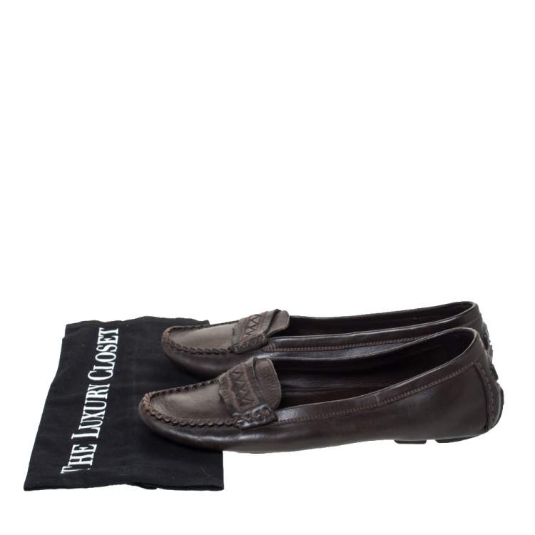 Pre Owned Bottega Veneta Brown Leather Intrecciato Trim Slip On Loafers Size 39