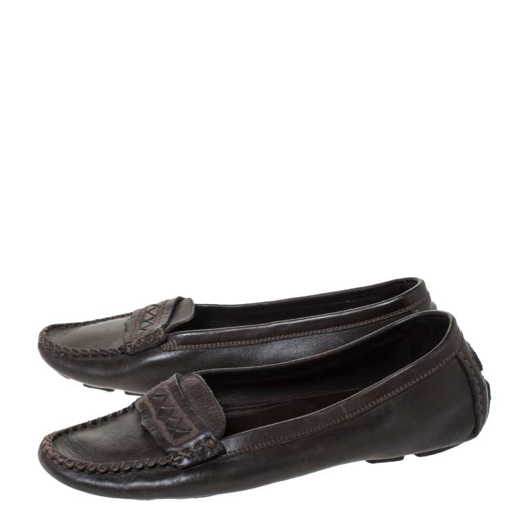 Pre Owned Bottega Veneta Brown Leather Intrecciato Trim Slip On Loafers Size 39