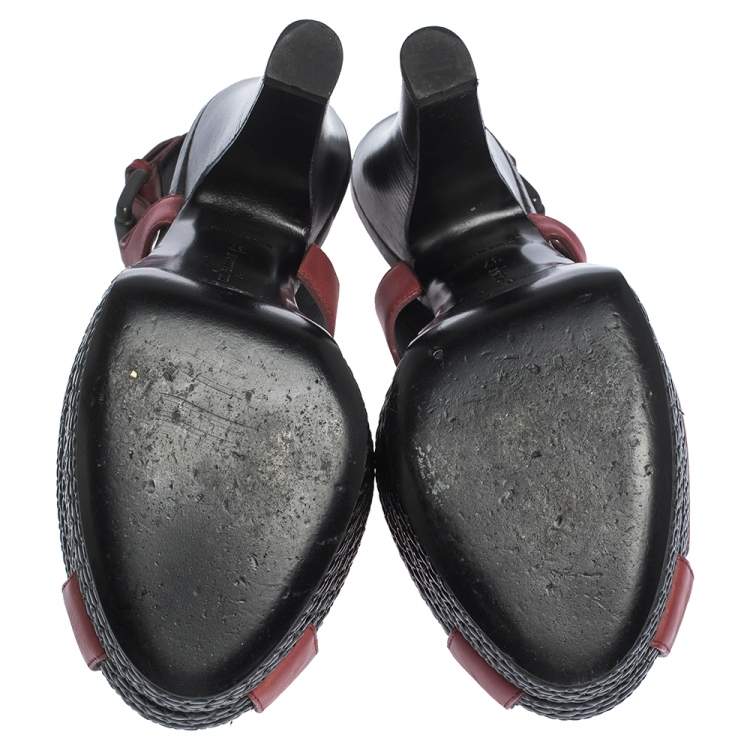 Pre Owned Bottega Veneta Burgundy Leather Peep Toe Platform Slingback Sandals Size 37