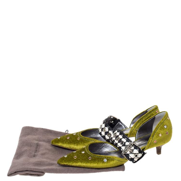 مملوكة مسبقًا Bottega Veneta Green Velvet And Intrecciato Leather Dahlia Chenille D'orsay Pumps Size 35