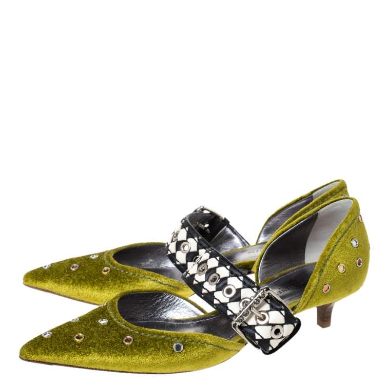 مملوكة مسبقًا Bottega Veneta Green Velvet And Intrecciato Leather Dahlia Chenille D'orsay Pumps Size 35