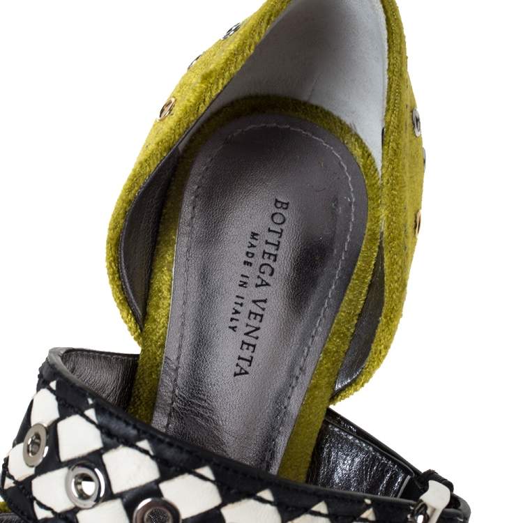 مملوكة مس�بقًا Bottega Veneta Green Velvet And Intrecciato Leather Dahlia Chenille D'orsay Pumps Size 35