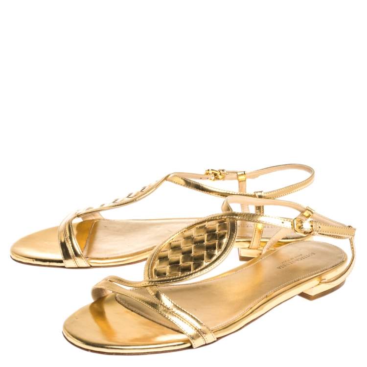Pre Owned Bottega Veneta Metallic Gold Intrecciato Leather Ankle Strap Flat Sandals Size 39.5