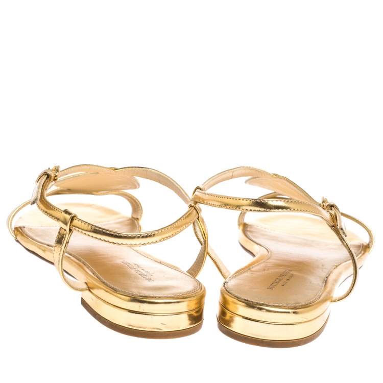 Pre Owned Bottega Veneta Metallic Gold Intrecciato Leather Ankle Strap Flat Sandals Size 39.5