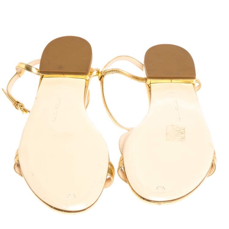 Pre Owned Bottega Veneta Metallic Gold Intrecciato Leather Ankle Strap Flat Sandals Size 39.5