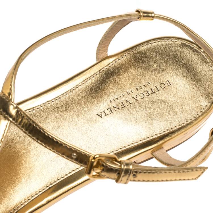 Pre Owned Bottega Veneta Metallic Gold Intrecciato Leather Ankle Strap Flat Sandals Size 39.5