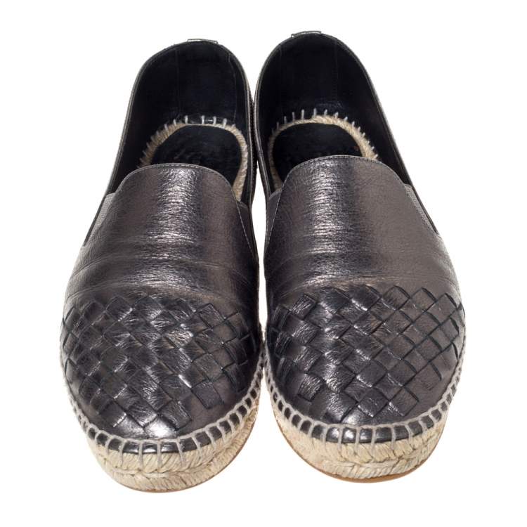 Pre Owned Bottega Veneta Metallic Gunmetal Intrecciato Leather Espadrille Flats Size 38