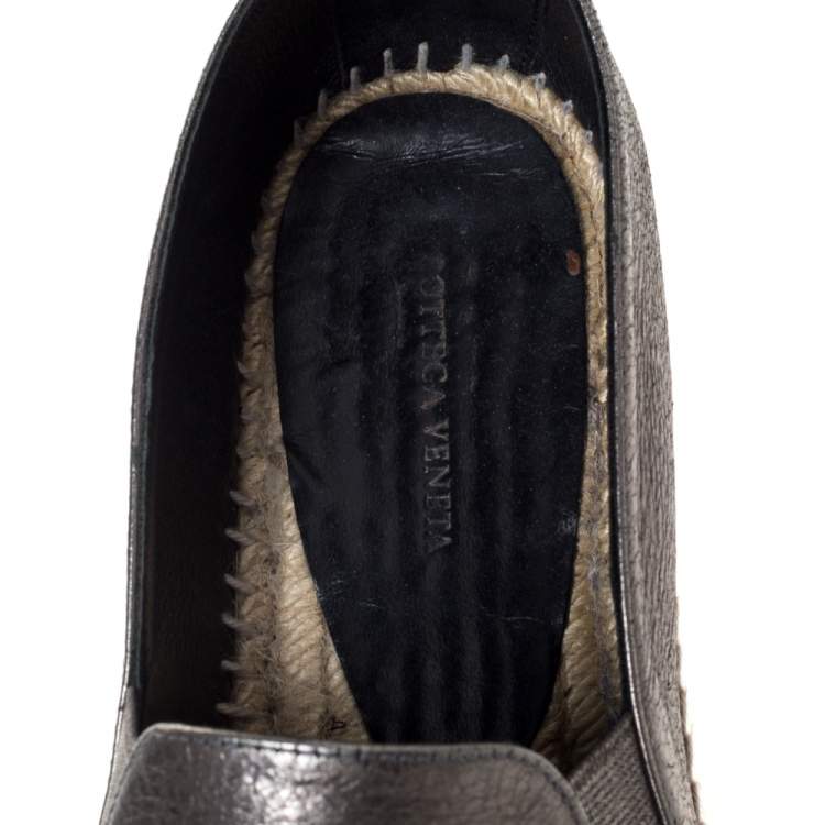 Pre Owned Bottega Veneta Metallic Gunmetal Intrecciato Leather Espadrille Flats Size 38