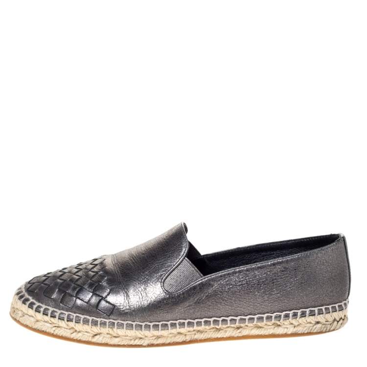 Pre Owned Bottega Veneta Metallic Gunmetal Intrecciato Leather Espadrille Flats Size 38