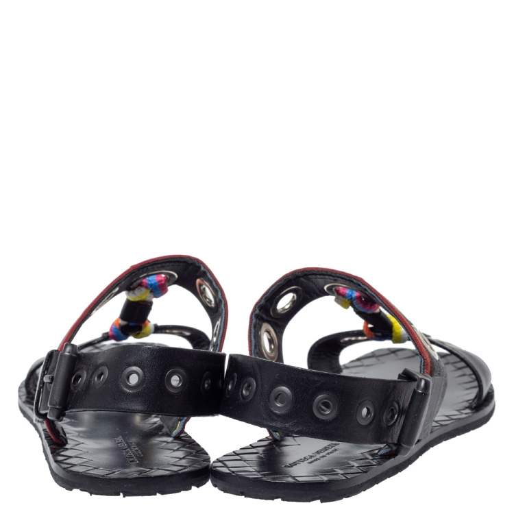 Pre Owned Bottega Veneta Black Leather Grommet Slingback Flat Sandals Size 36