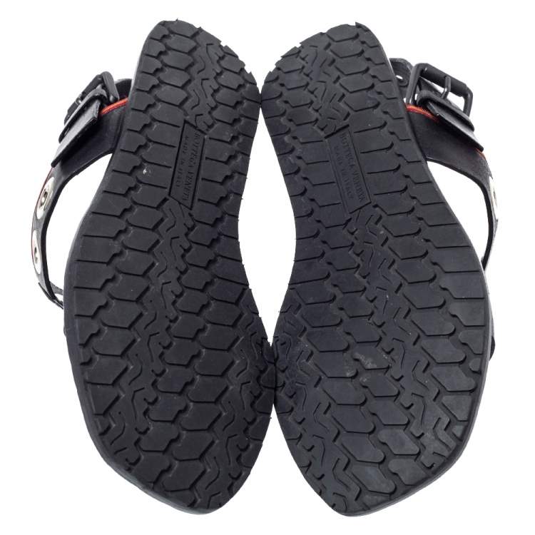 Pre Owned Bottega Veneta Black Leather Grommet Slingback Flat Sandals Size 36