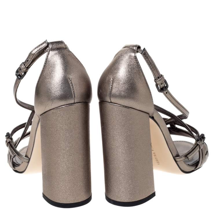 Pre Owned Bottega Veneta Metallic Bronze Intrecciato Leather Block Heel Sandals Size 35