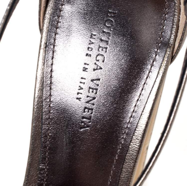 Pre Owned Bottega Veneta Metallic Bronze Intrecciato Leather Block Heel Sandals Size 35