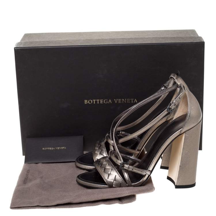 Pre Owned Bottega Veneta Metallic Bronze Intrecciato Leather Block Heel Sandals Size 35