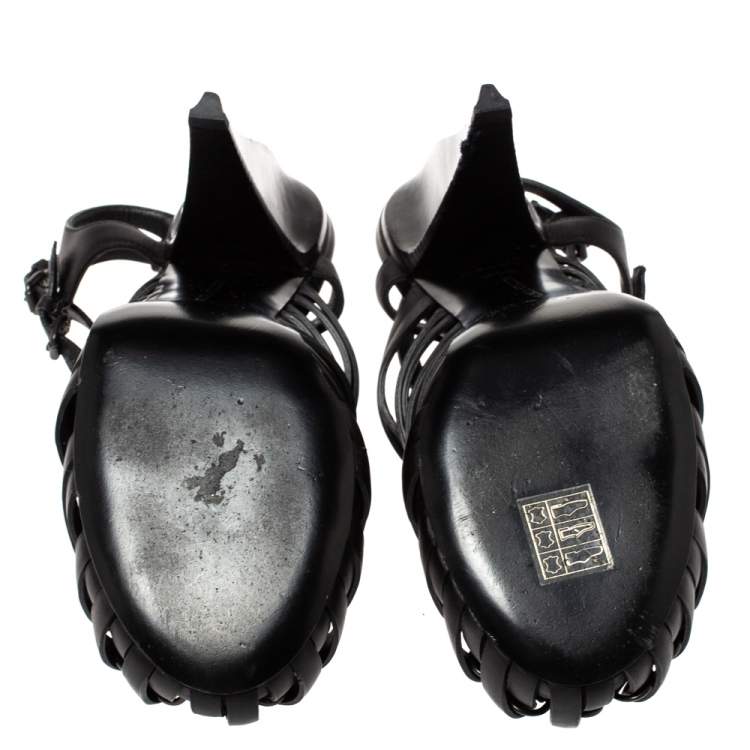 Pre Owned Bottega Veneta Black Leather Cage Sandals Size 39.5