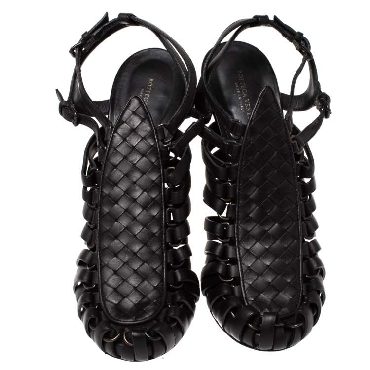 Pre Owned Bottega Veneta Black Leather Cage Sandals Size 39.5