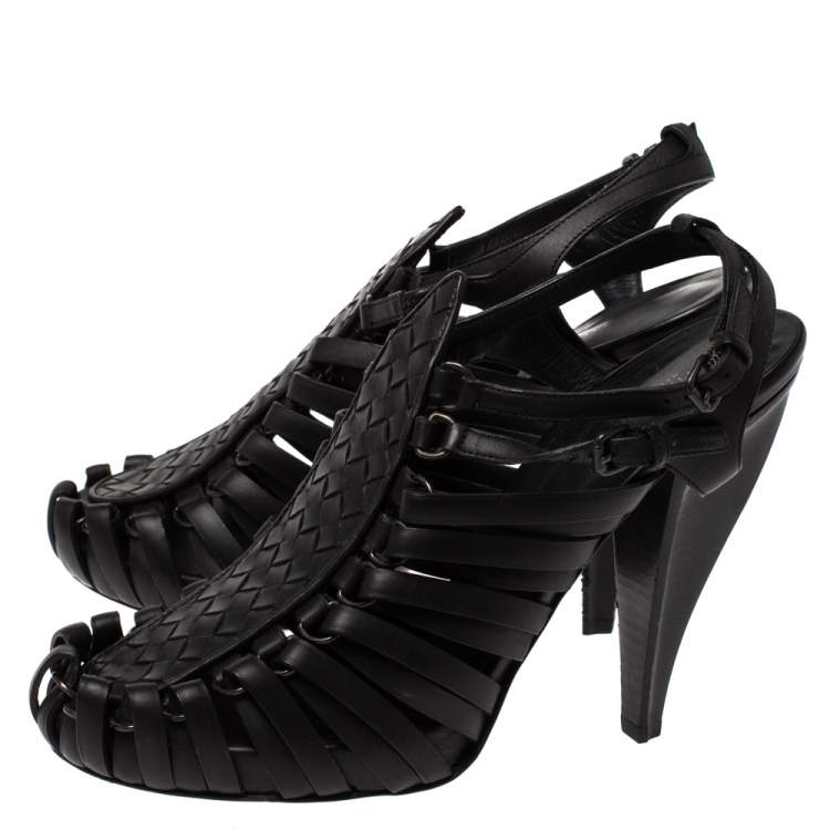 Pre Owned Bottega Veneta Black Leather Cage Sandals Size 39.5