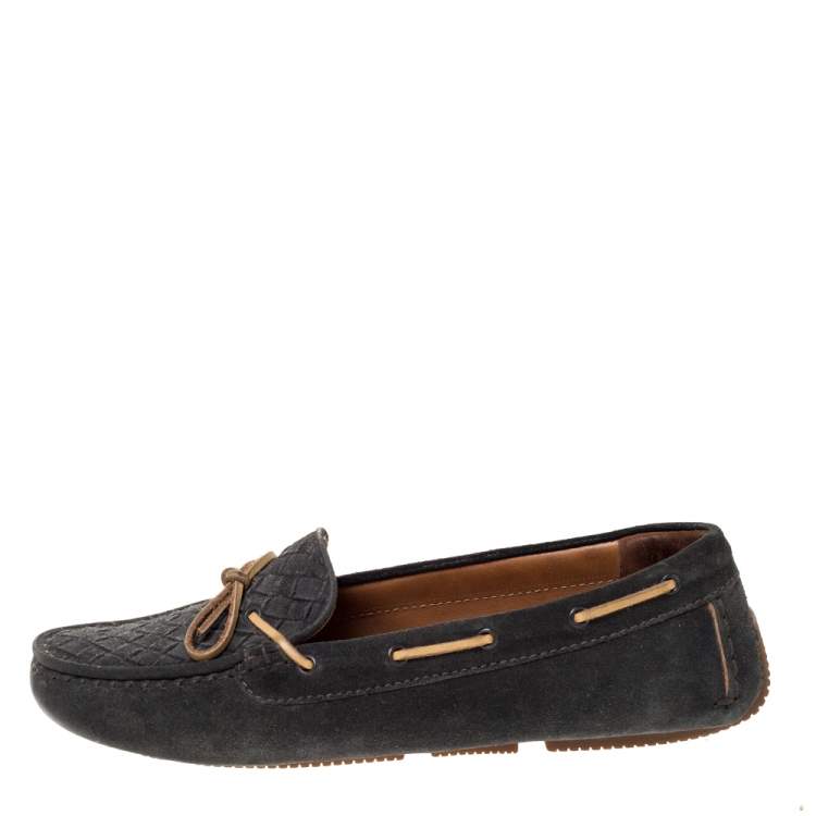 Pre Owned Bottega Veneta Dark Grey Intrecciato Suede Bow Loafers Size 38.5