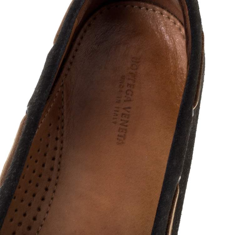 Pre Owned Bottega Veneta Dark Grey Intrecciato Suede Bow Loafers Size 38.5