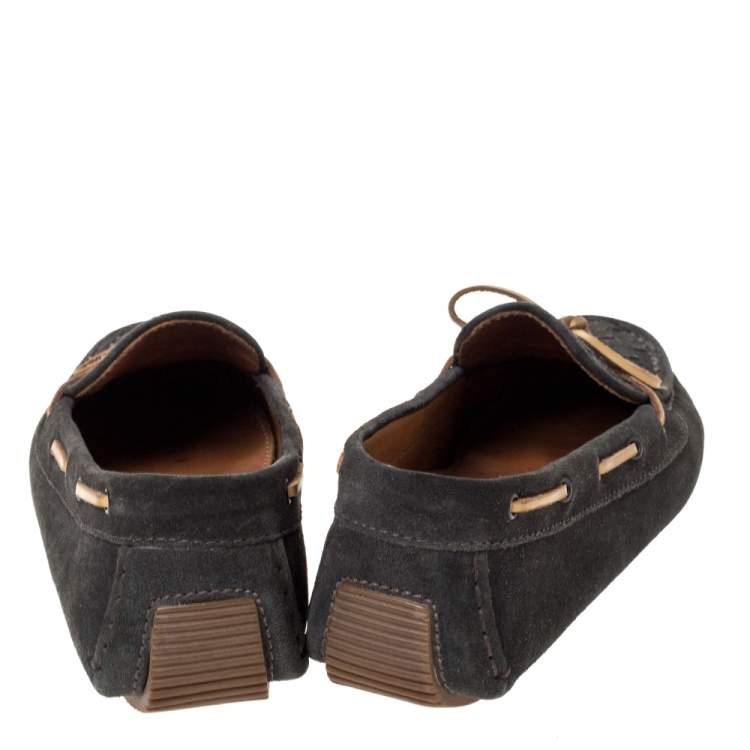 Pre Owned Bottega Veneta Dark Grey Intrecciato Suede Bow Loafers Size 38.5