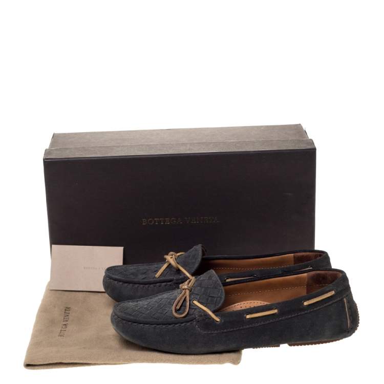 Pre Owned Bottega Veneta Dark Grey Intrecciato Suede Bow Loafers Size 38.5