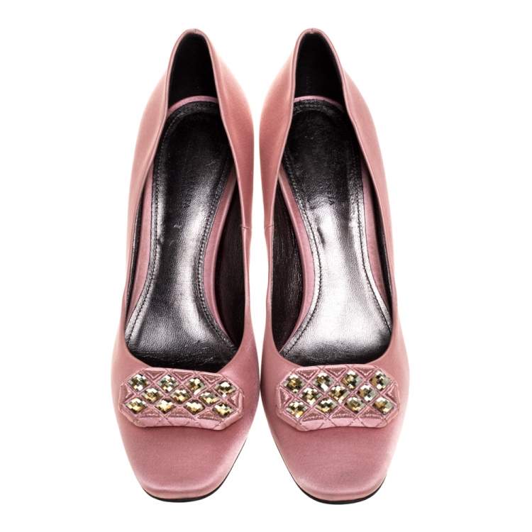 Pre Owned Bottega Veneta Pink Satin Embellished Pumps Size 38