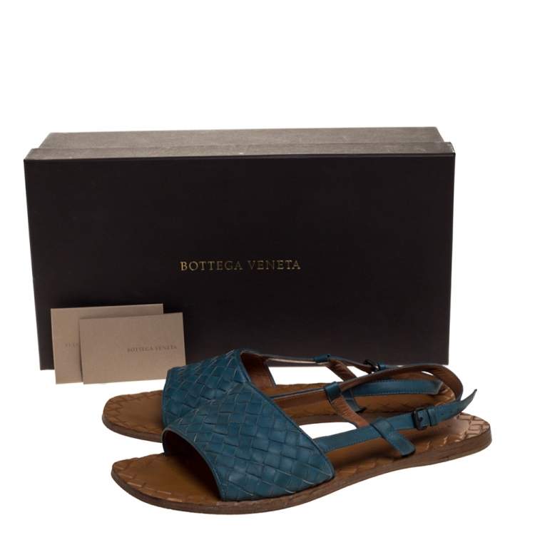 Pre Owned  Bottega Veneta Blue Intrecciato Leather Slingback Open Toe Sandals Size 38.5