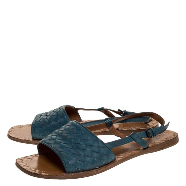 Pre Owned  Bottega Veneta Blue Intrecciato Leather Slingback Open Toe Sandals Size 38.5