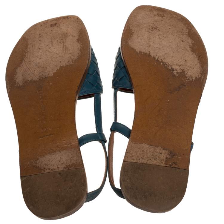 Pre Owned  Bottega Veneta Blue Intrecciato Leather Slingback Open Toe Sandals Size 38.5