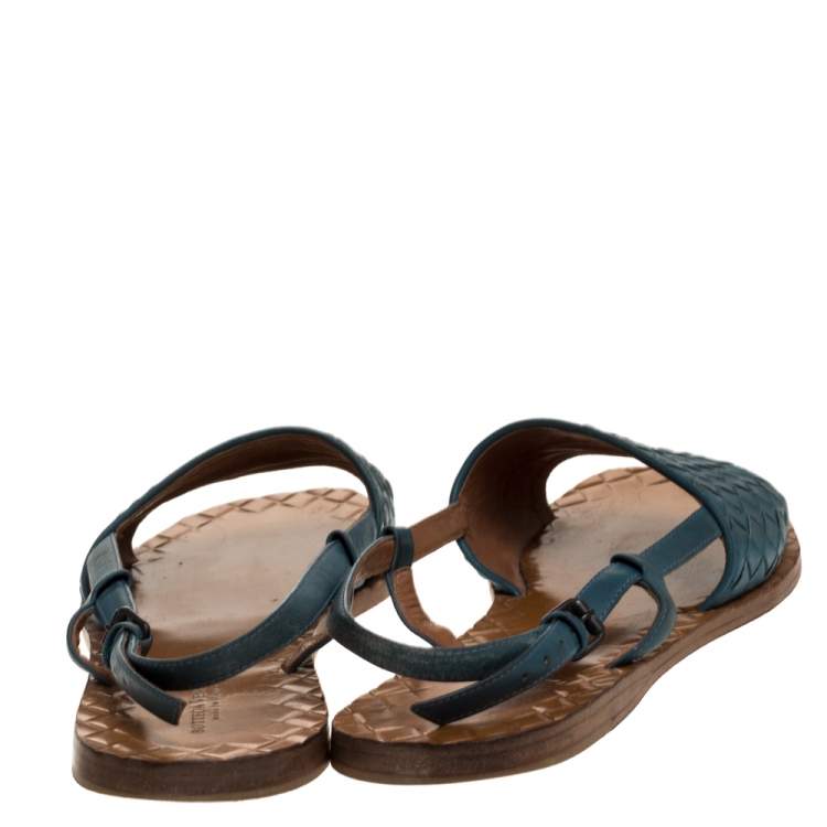 Pre Owned  Bottega Veneta Blue Intrecciato Leather Slingback Open Toe Sandals Size 38.5