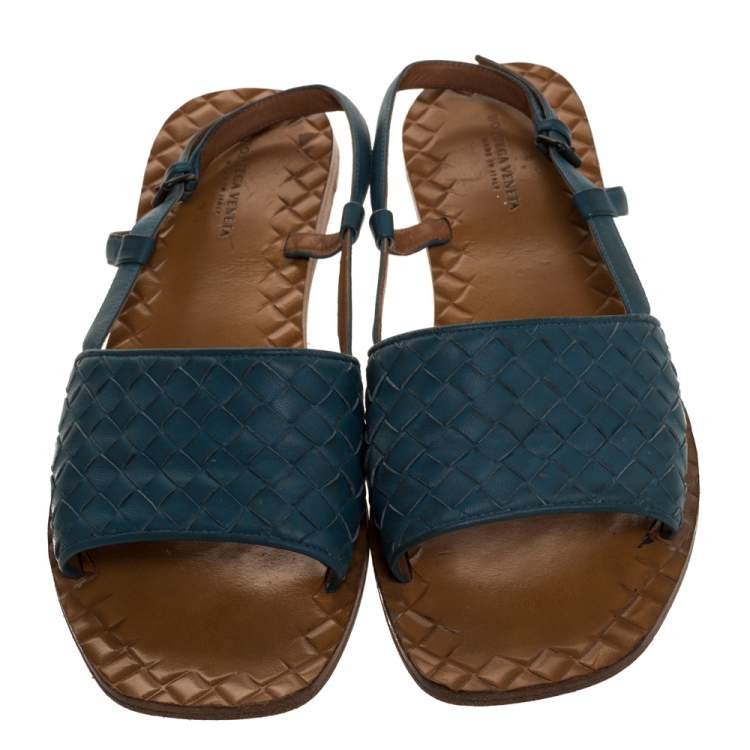 Pre Owned  Bottega Veneta Blue Intrecciato Leather Slingback Open Toe Sandals Size 38.5