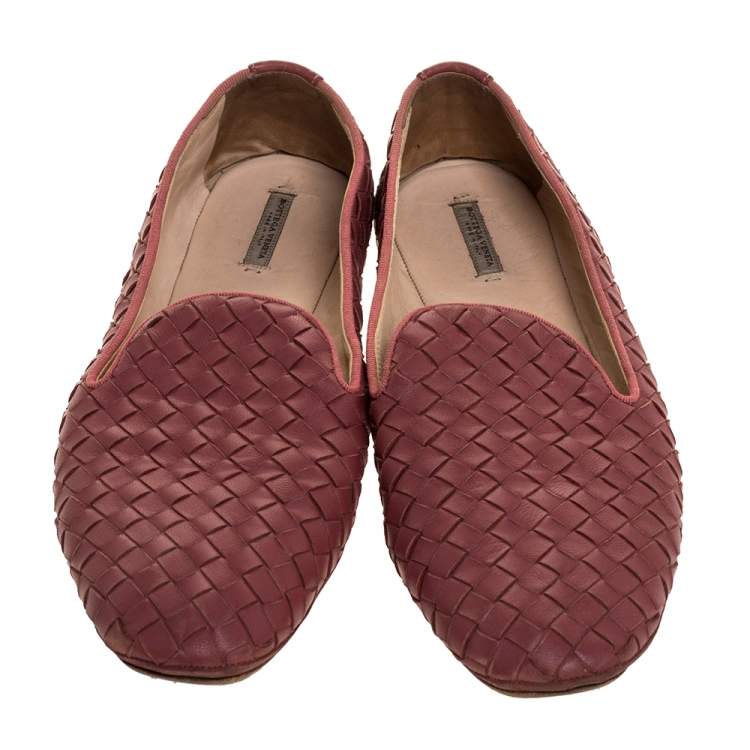Pre Owned Bottega Veneta Dark Pink Intrecciato Leather Smoking Slippers Size 39