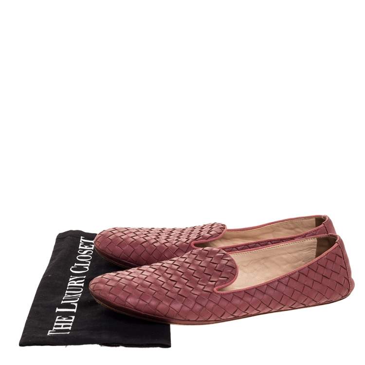 Pre Owned Bottega Veneta Dark Pink Intrecciato Leather Smoking Slippers Size 39