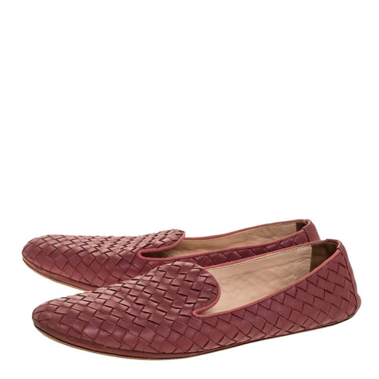 Pre Owned Bottega Veneta Dark Pink Intrecciato Leather Smoking Slippers Size 39