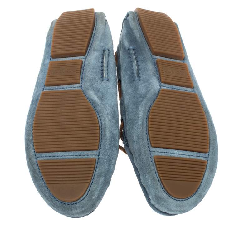 Pre Owned Bottega Veneta Blue Intrecciato Suede And Brown Leather Trim Bow Loafers Size 38
